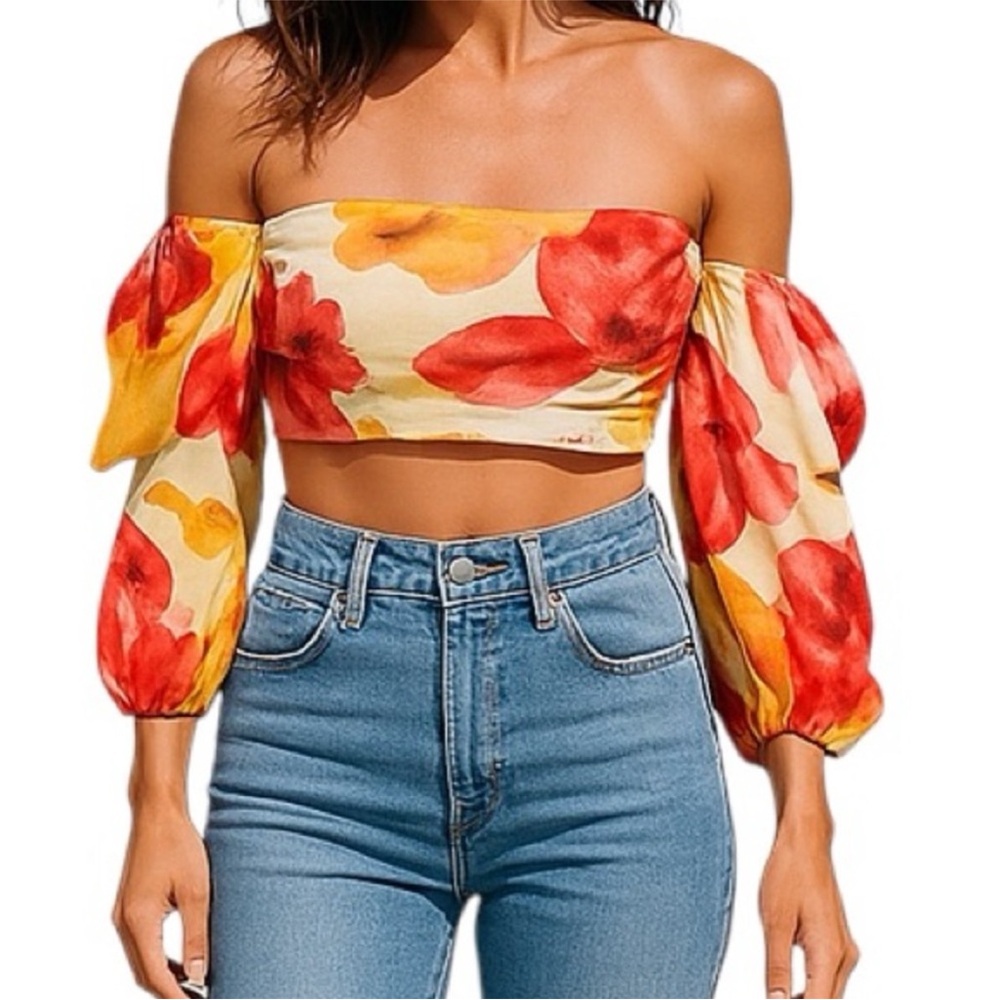 Rumer | Sunshine Floral Watercolor Linen Crop Top | XXS New with Tag